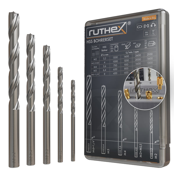 Juego de brocas Ruthex para insertos roscados: M2, M2,5, M3, M4, M5, M6 y 1/4