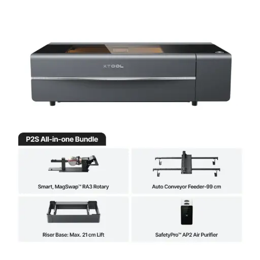[P1030634+P5010457+P5010199+P5010239+P5010391] xTool P2S 55W All-In-One - CO2 Desktop Laser Cutter Class 4