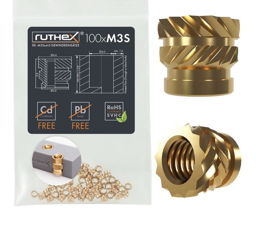 [GE-M3Sx40-002] Ruthex M3 Short threaded insert – Rx-M3Sx4.0 - 100 pcs