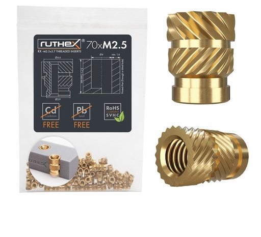 [GE-M25x57-001] Ruthex M2.5 threaded insert – Rx-M2.5x5.7 - 70 pcs